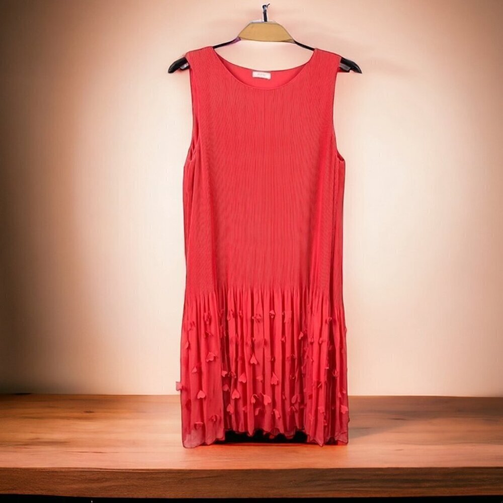 𝅺Riani Red Coral Sleeveless Pleated A-Line Dress w/ Applique Hem Size 40/US 10